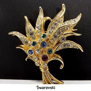 Vintage Swarovski Swan Signed Crystal Floral Spray Brooch Gold Tone